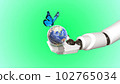 Earth Globe, blue butterfly and robot hand. Biodiversity concept. 102765034