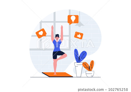 Yoga asanas concept with character scene. Woman practising yoga postures, stretching and training strong body. People situation in flat design. Vector illustration for social media marketing material. Yoga asanas concept with character scene. Woman practising yoga postures, stretching and training strong body. People situation in flat design. Vector illustration for social media marketing material. 102765258