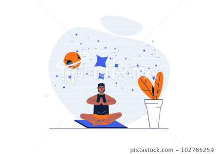 Yoga asanas concept with character scene. Man sitting in lotus pose, breathing and meditation mindfulness. People situation in flat design. Vector illustration for social media marketing material. 102765259