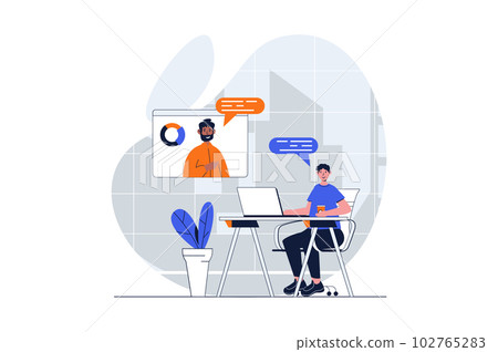 Video conference web concept with character scene. Men talking and working remotely via virtual video chat. People situation in flat design. Vector illustration for social media marketing material. Video conference web concept with character scene. Men talking and working remotely via virtual video chat. People situation in flat design. Vector illustration for social media marketing material. 102765283