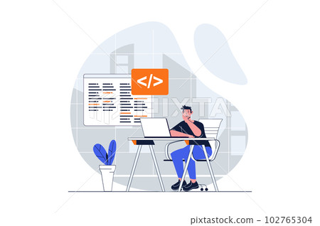 UI UX development web concept with character scene. Man creating code and working with testing prototype. People situation in flat design. Vector illustration for social media marketing material. UI UX development web concept with character scene. Man creating code and working with testing prototype. People situation in flat design. Vector illustration for social media marketing material. 102765304