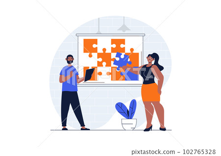Teamwork web concept with character scene. Man and woman collecting puzzles and working together at project. People situation in flat design. Vector illustration for social media marketing material. 102765328