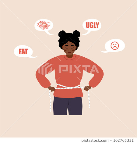 Eating disorder. Depressed african woman measuring her waist with measuring tape. Mental problems. Food addiction. Bulimia or anorexia concept. Vector illustration in flat cartoon style Eating disorder. Depressed african woman measuring her waist with measuring tape. Mental problems. Food addiction. Bulimia or anorexia concept. Vector illustration in flat cartoon style 102765331