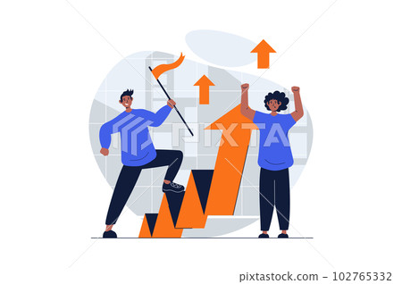 Teamwork web concept with character scene. Men working together, developing project and growing incomes. People situation in flat design. Vector illustration for social media marketing material. Teamwork web concept with character scene. Men working together, developing project and growing incomes. People situation in flat design. Vector illustration for social media marketing material. 102765332