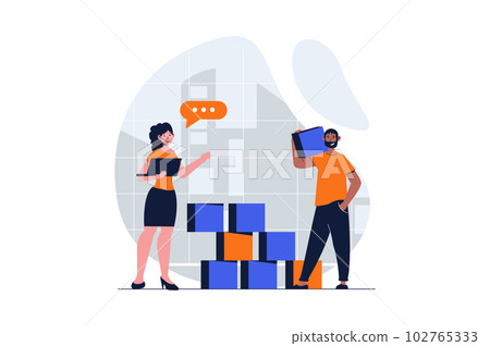 Teamwork web concept with character scene. Man and woman work together, construct cubes, developing project. People situation in flat design. Vector illustration for social media marketing material. Teamwork web concept with character scene. Man and woman work together, construct cubes, developing project. People situation in flat design. Vector illustration for social media marketing material. 102765333