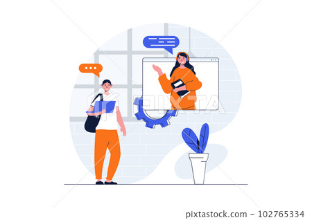 Customer support web concept with character scene. Woman helping client and communicating via video chat. People situation in flat design. Vector illustration for social media marketing material. Customer support web concept with character scene. Woman helping client and communicating via video chat. People situation in flat design. Vector illustration for social media marketing material. 102765334