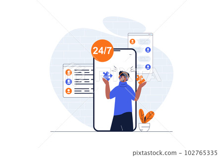 Customer support web concept with character scene. Man finds solutions and consults clients a mobile app. People situation in flat design. Vector illustration for social media marketing material. 102765335