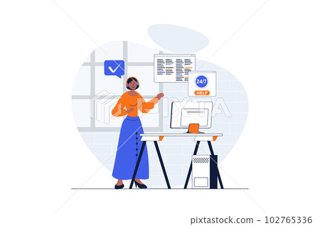 Customer support web concept with character scene. Woman advising clients and answering calls and messages. People situation in flat design. Vector illustration for social media marketing material. Customer support web concept with character scene. Woman advising clients and answering calls and messages. People situation in flat design. Vector illustration for social media marketing material. 102765336