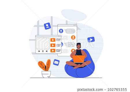 Social network web concept with character scene. Man watching video content, sharing and chatting friends. People situation in flat design. Vector illustration for social media marketing material. 102765355