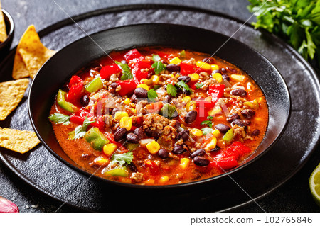 taco soup of ground beef, corn, beans and veggies taco soup of ground beef, corn, beans and veggies 102765846