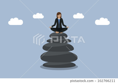meditating business woman sitting on a stack of zen stones work life balance concept meditating business woman sitting on a stack of zen stones work life balance concept 102766211