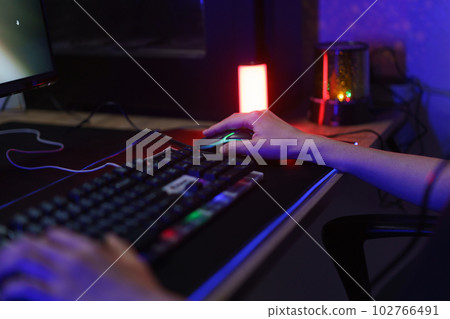 Female cyber hacker gamer using keyboard and mouse to playing games or hacking programming system Female cyber hacker gamer using keyboard and mouse to playing games or hacking programming system 102766491