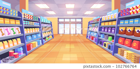 Pet shop interior with dog toy, cat store aisle 102766764
