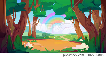 Cartoon summer forest and rainbow on horizon 102766808
