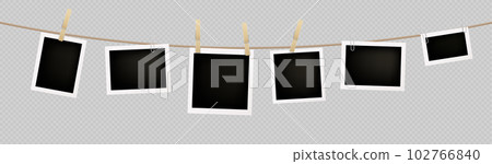 Realistic set of instant photos hanging on rope 102766840
