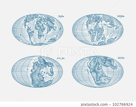 Plate tectonics on the planet Earth. Pangaea. Continental drift. Supercontinent at 250 Ma. Era of 102766924