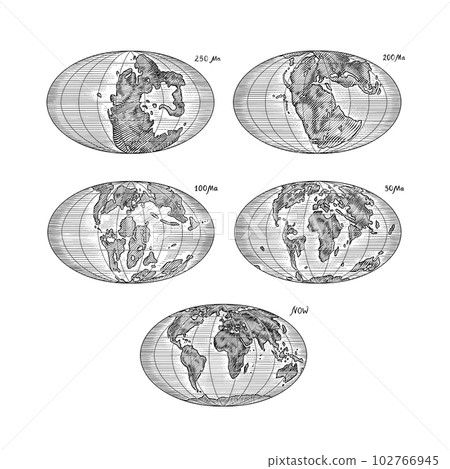 Plate tectonics on the planet Earth. Pangaea. Continental drift. Supercontinent at 250 Ma. Era of 102766945