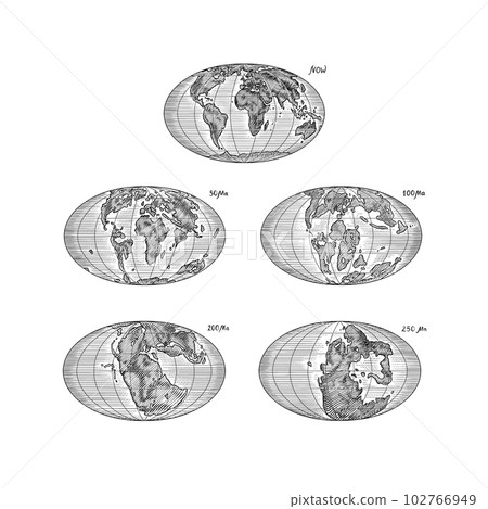 Plate tectonics on the planet Earth. Pangaea. Continental drift. Supercontinent at 250 Ma. Era of 102766949
