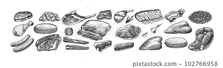 Red meat products. Veal beef, ribs, Bacon, jamon, mortadella, lamb beef Steak, pork sausage, chicken 102766958