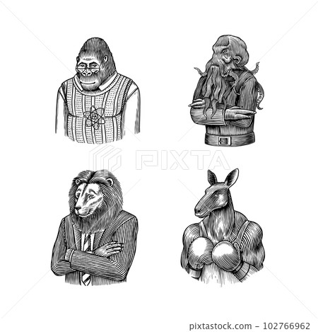 Octopus gentleman, lion businessman, Monkey or gorilla scientist, boxer kangaroo. Gentleman Fashion 102766962
