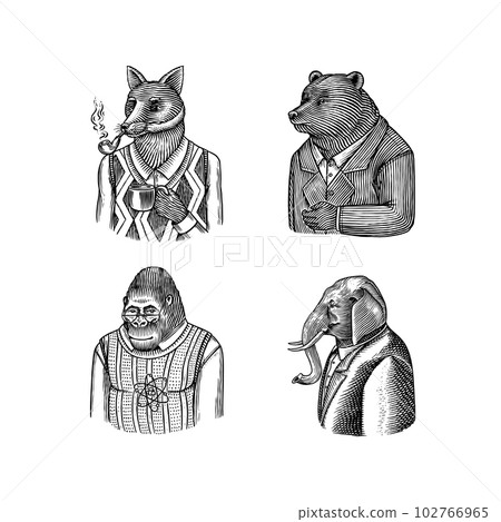Grizzly Bear, Elephant gentleman, Fox with a smoking pipe, Monkey scientist. Gentleman Fashion 102766965