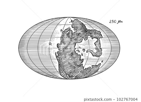Plate tectonics on the planet Earth. Pangaea. Continental drift. Supercontinent at 250 Ma. Era of 102767004