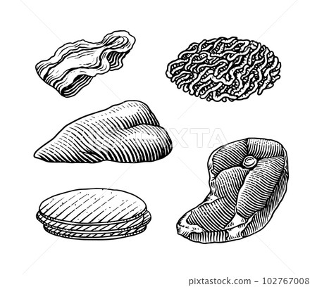 Red meat products. Veal beef, ribs, Bacon, jamon, mortadella, lamb beef Steak, pork sausage, sirloin 102767008