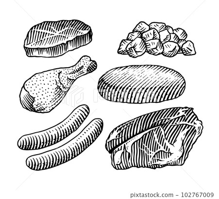 Red meat products. Veal beef, ribs, Bacon, jamon, mortadella, lamb beef Steak, pork sausage, chicken 102767009