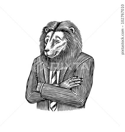 Leo character in a suit. Fashion lion man office worker. Animal in Retro Clothing. Vintage engraving Leo character in a suit. Fashion lion man office worker. Animal in Retro Clothing. Vintage engraving 102767010