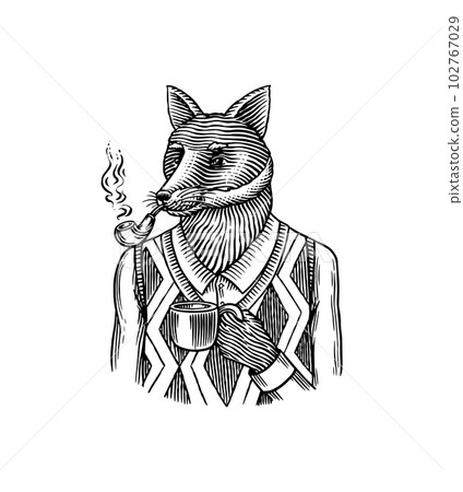 Fox character in a suit. Fashion man in a vest with a smoking pipe and a cup of coffee. Animal in Fox character in a suit. Fashion man in a vest with a smoking pipe and a cup of coffee. Animal in 102767029