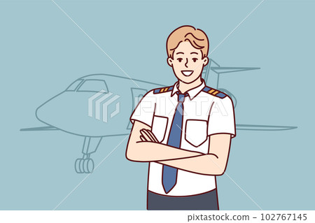 Man pilot of airplane stands with arms crossed near airliner inviting to buy new airline ticket 102767145