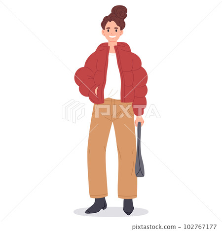 Fashionable young women. Stylish girl wearing casual outfit, elegant modern fashion look flat vector illustration Fashionable young women. Stylish girl wearing casual outfit, elegant modern fashion look flat vector illustration 102767177