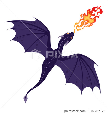 Fire breathing dragon. Cartoon fantasy flying reptile, fairy dragon character flat vector illustration Fire breathing dragon. Cartoon fantasy flying reptile, fairy dragon character flat vector illustration 102767178