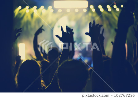 Crowd with arms outstretched at concert Crowd with arms outstretched at concert 102767256