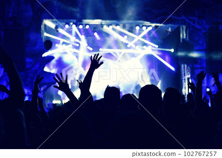 Crowd rocking during a concert with raised arms. Crowd rocking during a concert with raised arms. 102767257