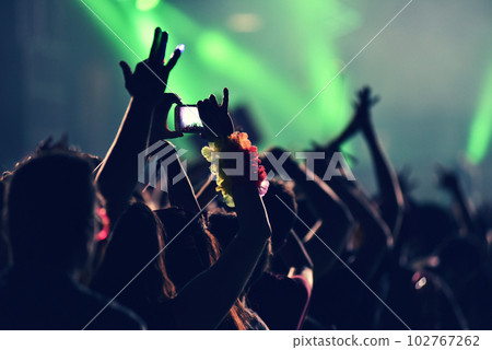Crowd rocking during a concert with raised arms. 102767262