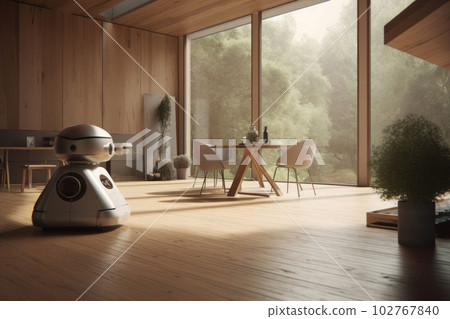 Interior design for a fully automated house with robot assistant. Generative AI illustration Interior design for a fully automated house with robot assistant. Generative AI illustration 102767840