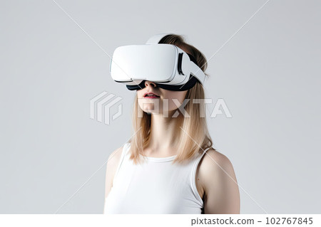 Woman using virtual reality headset. VR gadgets, , education online or game concept. Generative AI 102767845