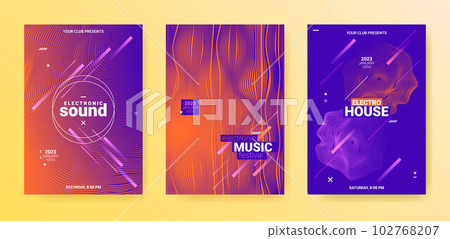 Electro Music Flyers Set. Techno Party Poster. Gradient Wave Circle. 102768207