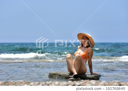 Sexy bikini tanning woman relaxing on the beach with a hat 102768640