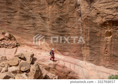 Traveler woman trekking in Petra, Jordan 102768657