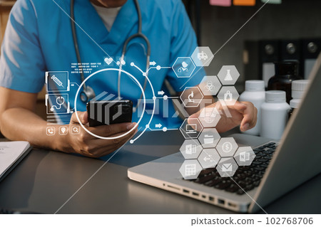 Medicine doctor hand working with modern digital smartphone computer interface as medical network concept. 102768706