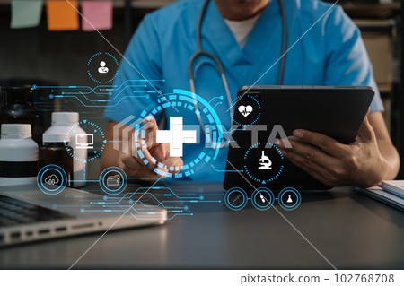 Medicine doctor hand working with modern digital tablet computer interface as medical network concept. 102768708