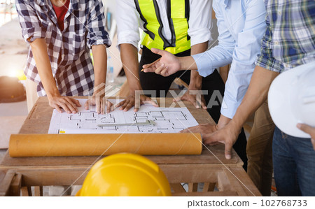 Engineer Teamwork Meeting, Drawing working on blueprint meeting for project working with partner on model building at company office. Asian industry professional team Engineer Teamwork Meeting, Drawing working on blueprint meeting for project working with partner on model building at company office. Asian industry professional team 102768733