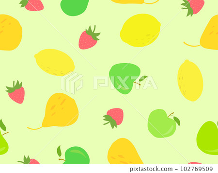 Fruity seamless pattern with apples, lemons, strawberries and pears. Tropical summer fruit pattern. Design for printing on fabric, paper and banners. Vector illustration Fruity seamless pattern with apples, lemons, strawberries and pears. Tropical summer fruit pattern. Design for printing on fabric, paper and banners. Vector illustration 102769509