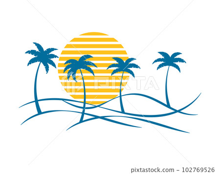 Line art landscape with palm trees and sun 80s style on white background. Summer tropical landscape in a minimalist style. Design for printing t-shirt and banner. Vector illustration Line art landscape with palm trees and sun 80s style on white background. Summer tropical landscape in a minimalist style. Design for printing t-shirt and banner. Vector illustration 102769526
