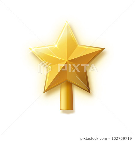 Christmas gold tree topper vector. 3d realistic golden star decoration in , decorative traditional shiny design for top of Xmas pine tree. Vector 102769719
