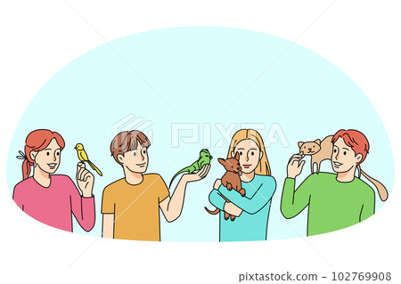 Happy kids play with diverse pets 102769908