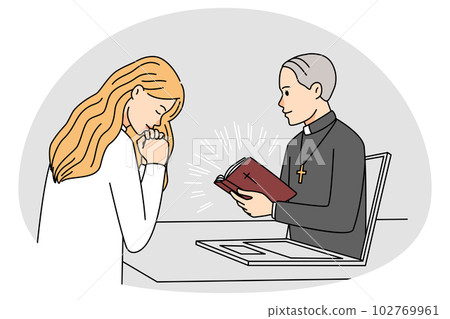 Woman pray during online church service Woman pray during online church service 102769961