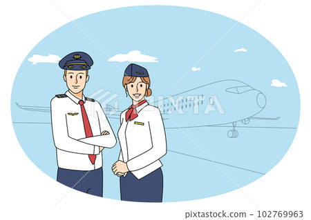Happy pilot and stewardess near airplane Happy pilot and stewardess near airplane 102769963